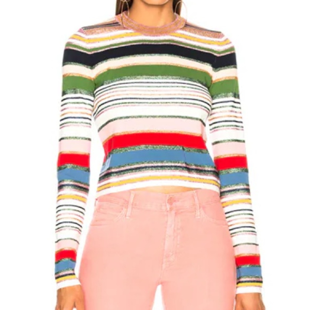 Veronica Beard Palmas Rib Knit Stripe Rainbow Metallic Glitter Sweater